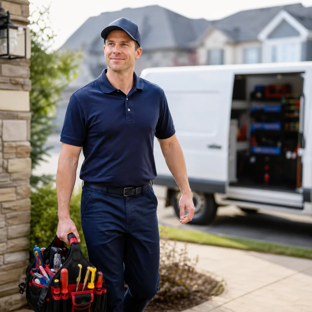 Professional technician in uniform carrying tool bag towards service van in San Antonio, TX