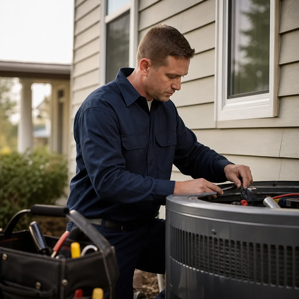 Technician in dark blue uniform performing HVAC maintenance on outdoor unit in San Antonio, TX