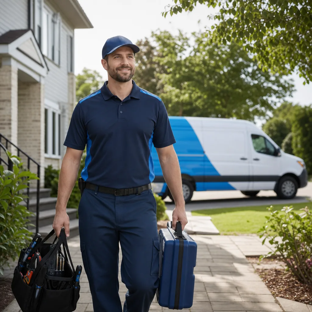 Professional garage door technician carrying tools near service van in San Antonio, TX
