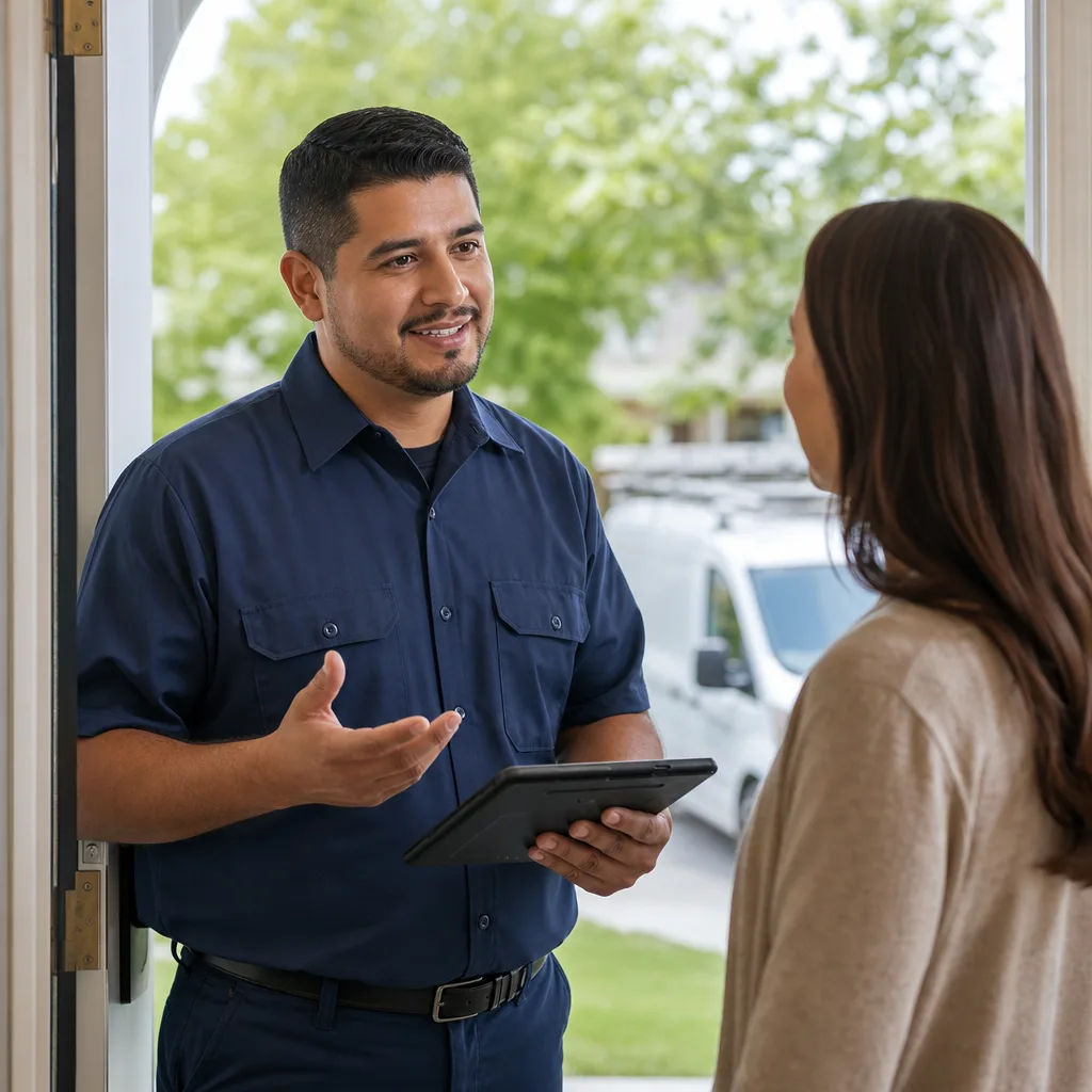 Technician in blue uniform discussing garage door services with a customer in San Antonio, TX