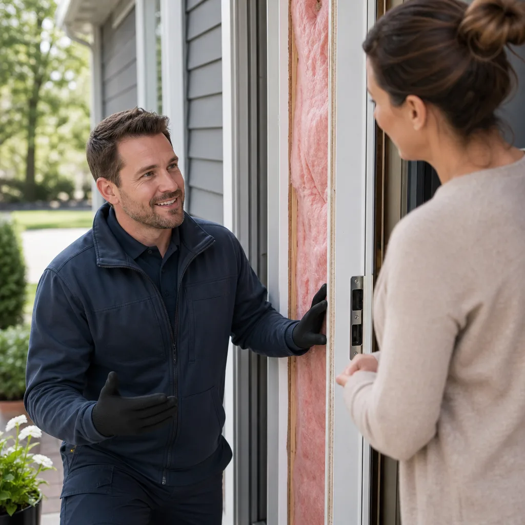 Professional technician discussing garage door insulation with a homeowner in San Antonio, TX