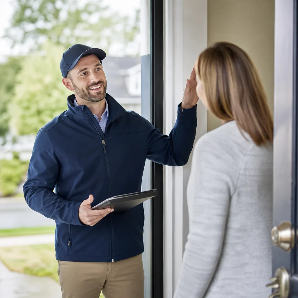 Professional garage door technician discussing insulation services with a homeowner in San Antonio, TX