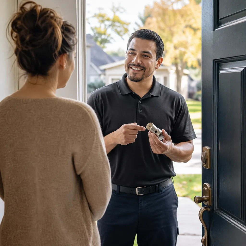 Professional locksmith showing a new door lock to a homeowner in San Antonio, TX