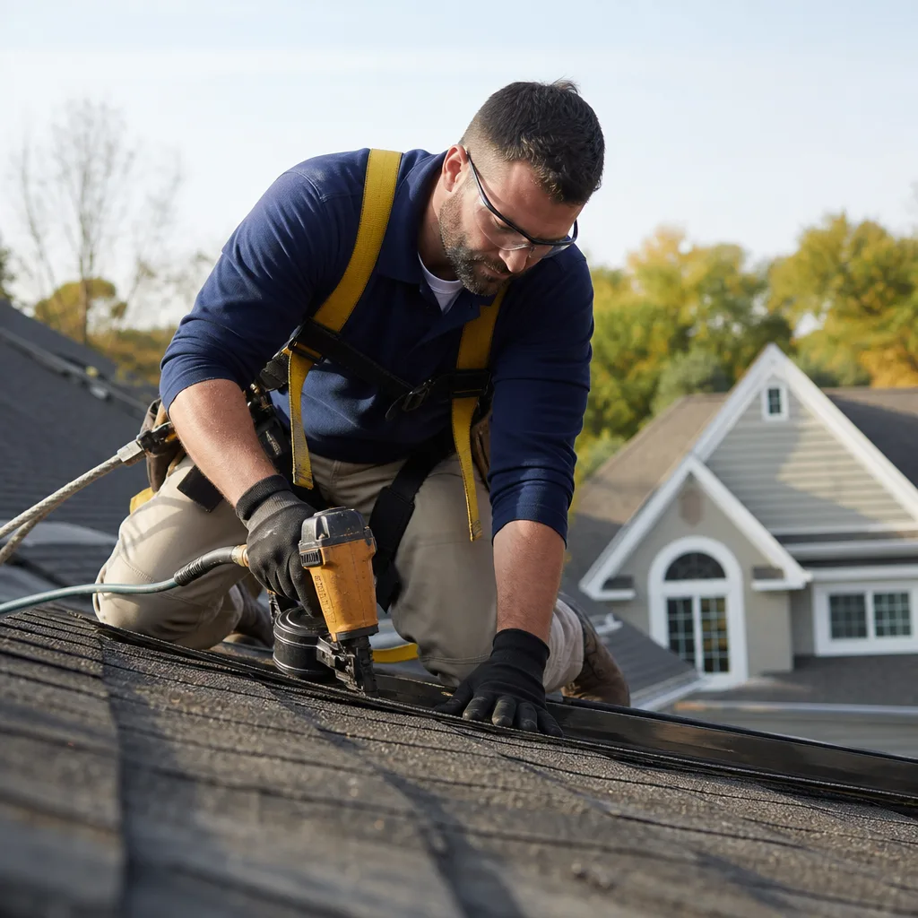 Professional roofer installing shingles on a residential house roof with nail gun in San Antonio, TX