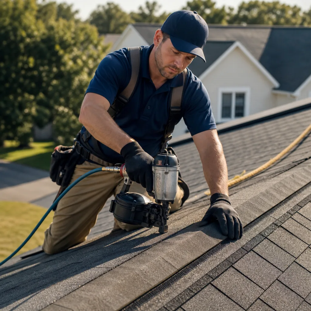 Professional roofer installing shingles on a residential roof with a nail gun in San Antonio, TX