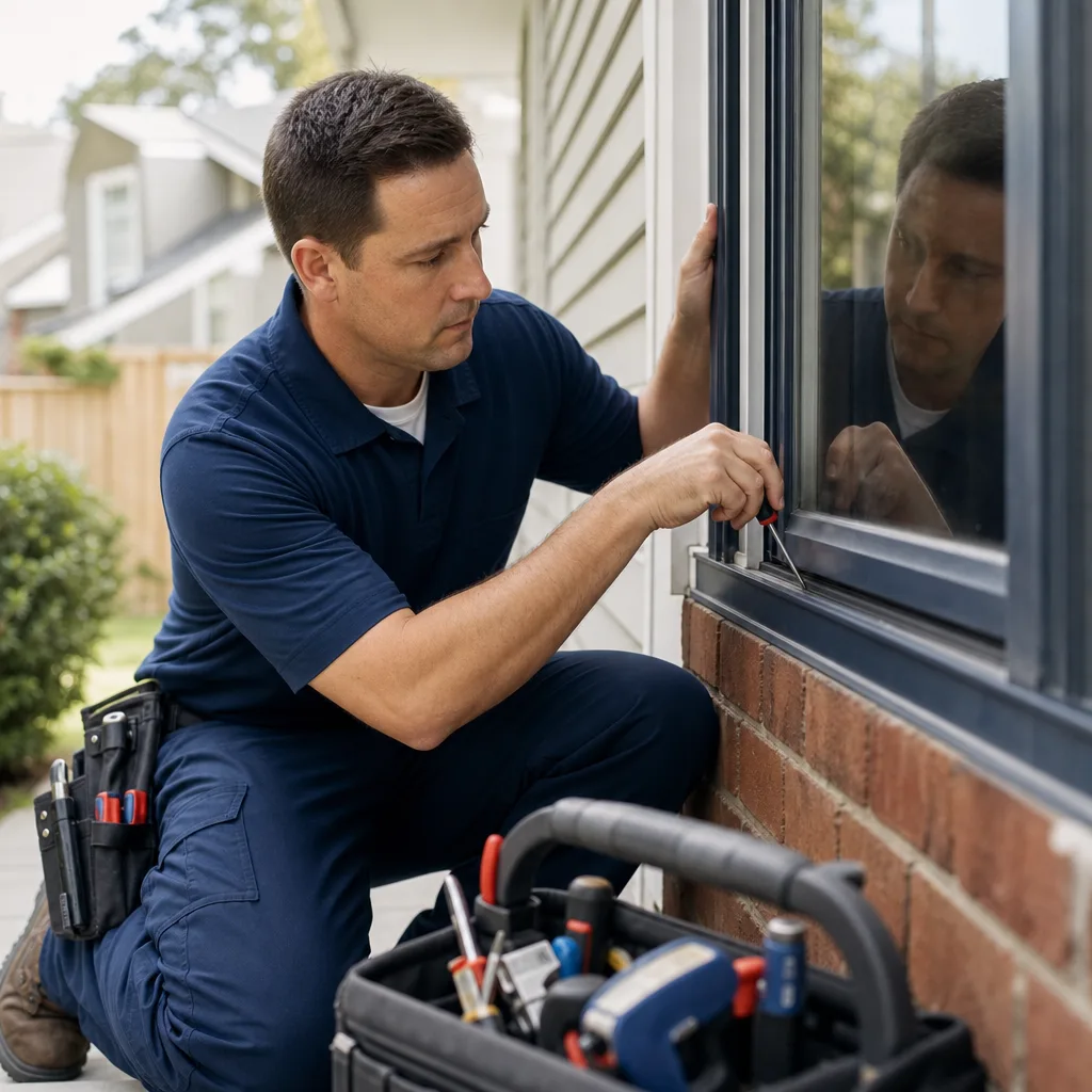 Professional technician repairing residential window frame with tools in San Antonio, TX